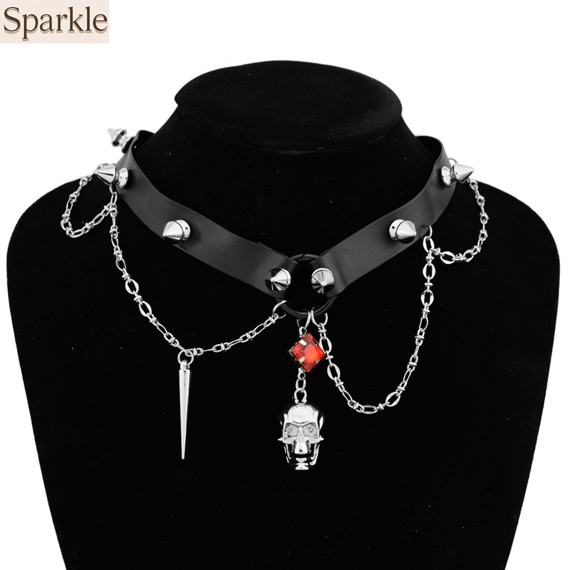 Kalung Kulit Tengkorak Gelap,  - Goth Punk Spike Choker ulasan dan harga