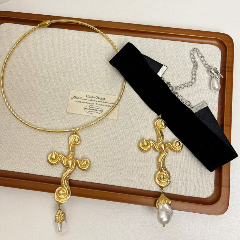 Kalung Liontin Salib Mutiara B - Pearl Choker Necklace Vintage ulasan dan harga